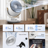 HKM-4443475 11 Inch Table Fan with Remote, 4 Speeds, 90° Oscillation, 120° Tilt, 25dB Quiet Operation, 8H Timer, 65ft Airflow