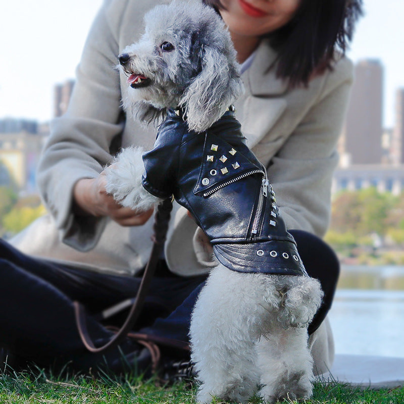 HKM-4444349 Stylish PU Leather Dog Jacket with Rivets for Small to Medium Breeds