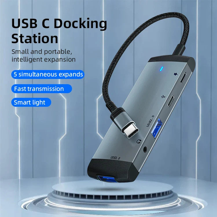 HKM-444947 5-in-1 USB-C Docking Station Hub with PD60W Fast Charging for Laptops and Phones