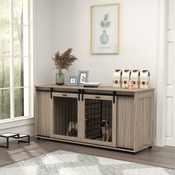 HKM-4449597 Modern Walnut Dog Kennel Furniture with Removable Divider for 2 Small Dogs or 1 Large Dog