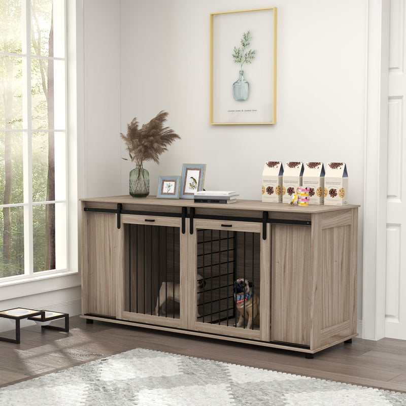 HKM-4449597 Modern Walnut Dog Kennel Furniture with Removable Divider for 2 Small Dogs or 1 Large Dog