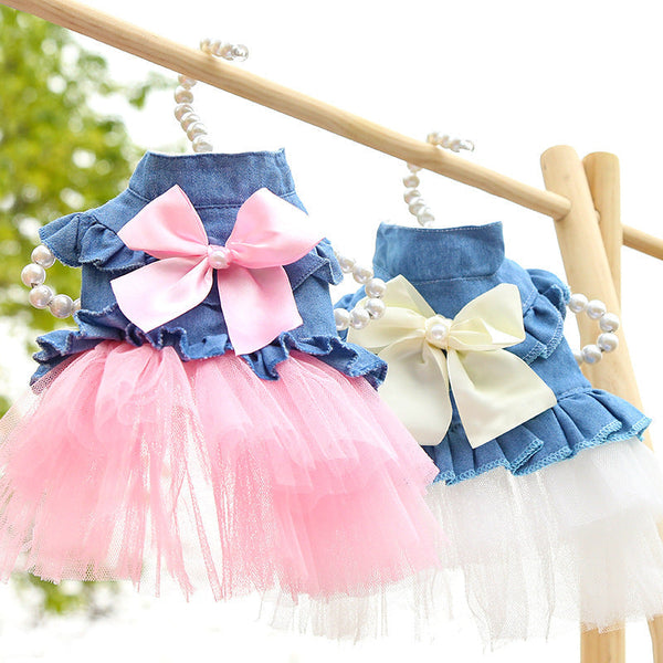 HKM-4450493 Korean Denim Skirt for Pets with Bow Detail - Stylish Spring & Summer Apparel