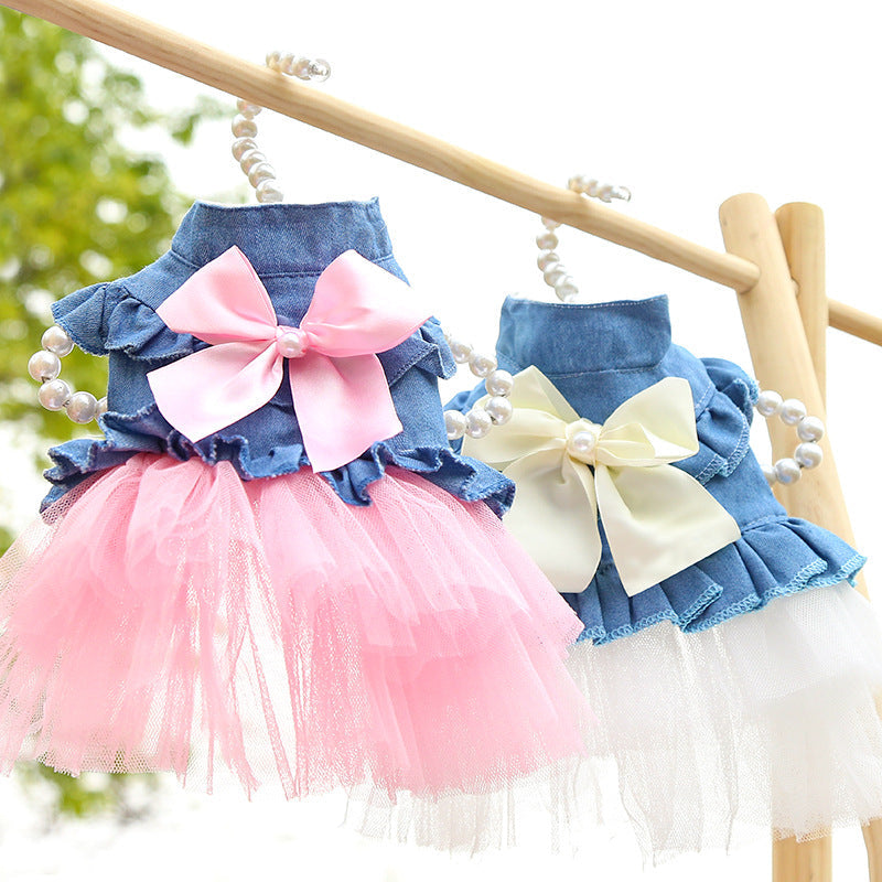HKM-4450493 Korean Denim Skirt for Pets with Bow Detail - Stylish Spring & Summer Apparel