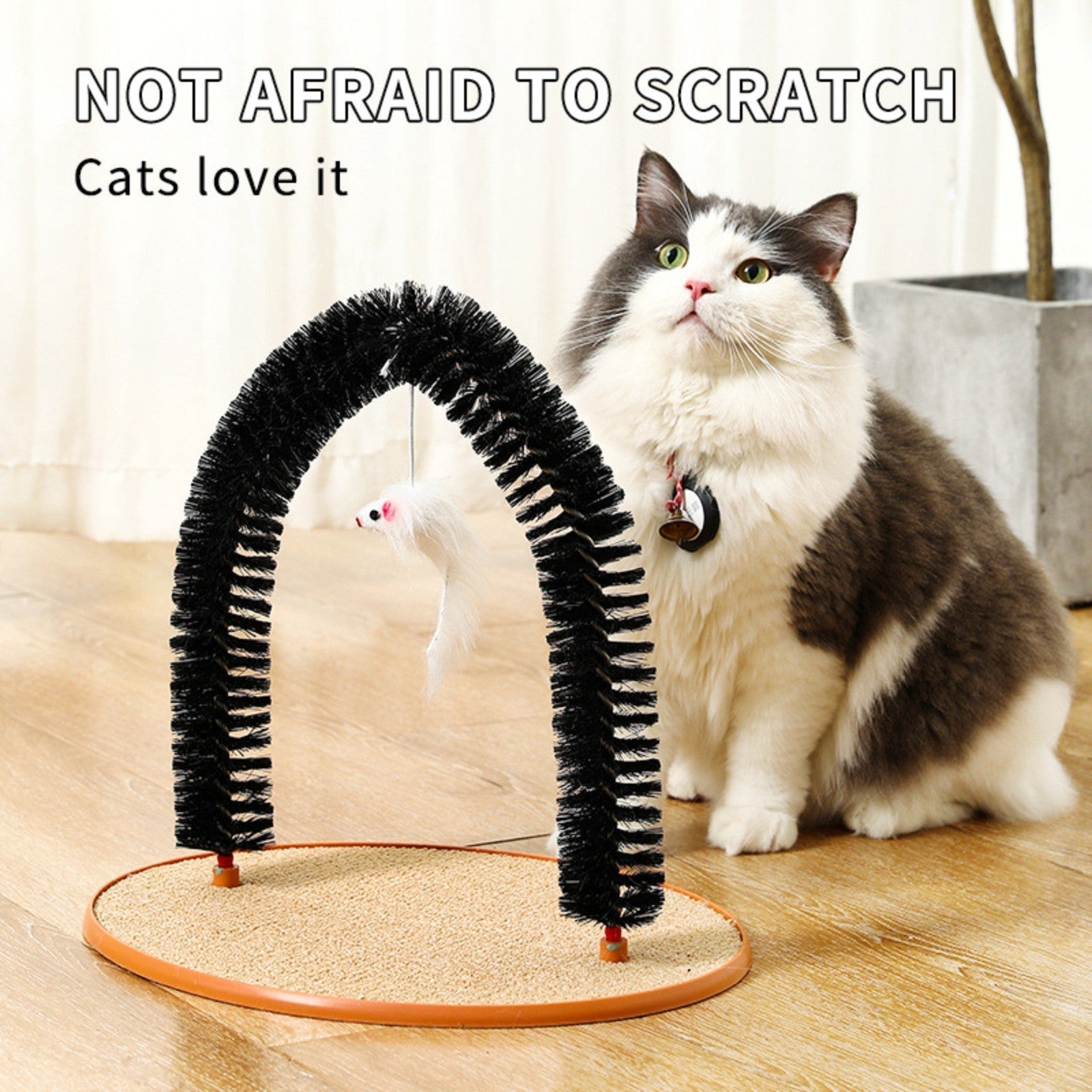 HKM-4453181 Cat Grooming and Scratching Device with Plush Mouse Toy - Arch-Shaped Brush for Itch Relief and Playtime
