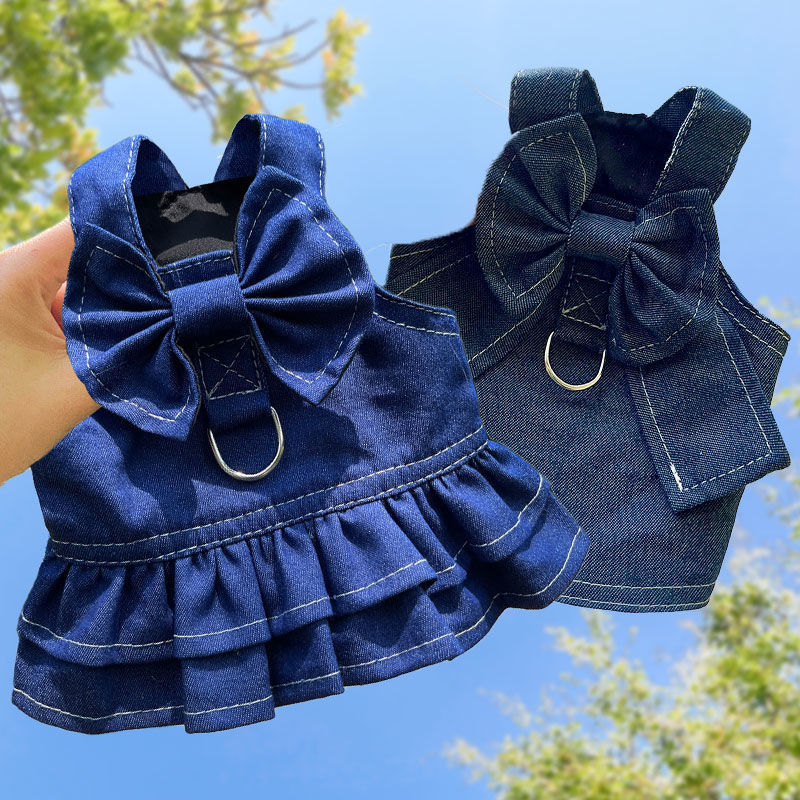 HKM-4454077 Denim Dog Skirt with Leash Attachment for Stylish Outdoor Walks