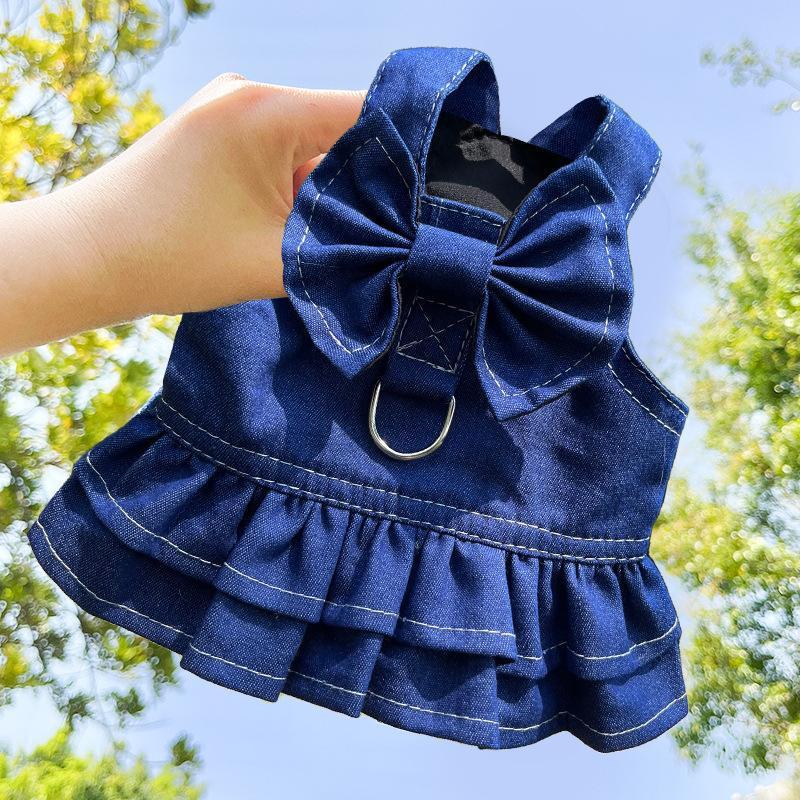 HKM-4454077 Denim Dog Skirt with Leash Attachment for Stylish Outdoor Walks