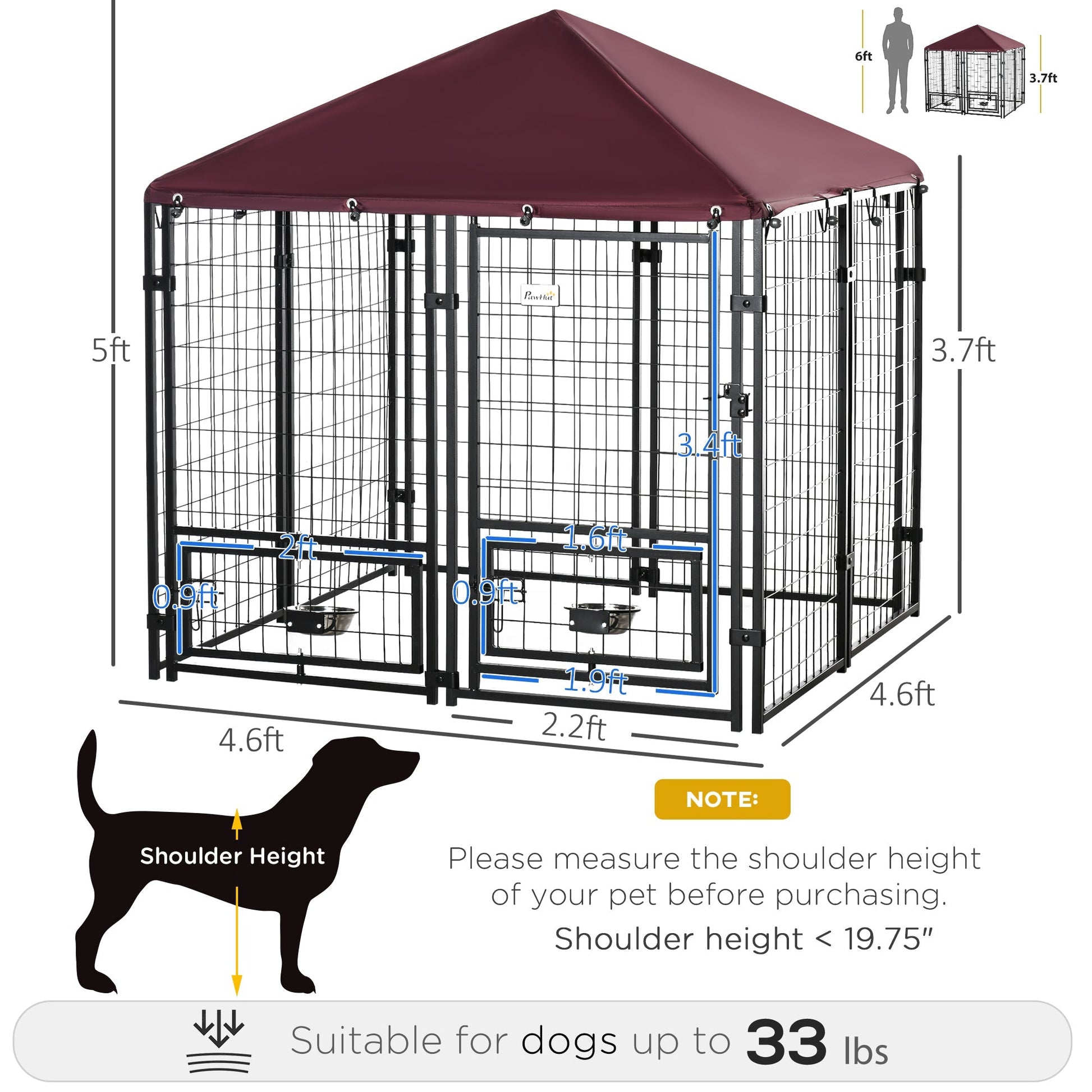 HKM-4455357 Spacious Outdoor Dog Kennel with Rotating Bowl Holders and Waterproof Cover, 4.6' x 4.6' x 5', Red