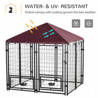 HKM-4455357 Spacious Outdoor Dog Kennel with Rotating Bowl Holders and Waterproof Cover, 4.6' x 4.6' x 5', Red
