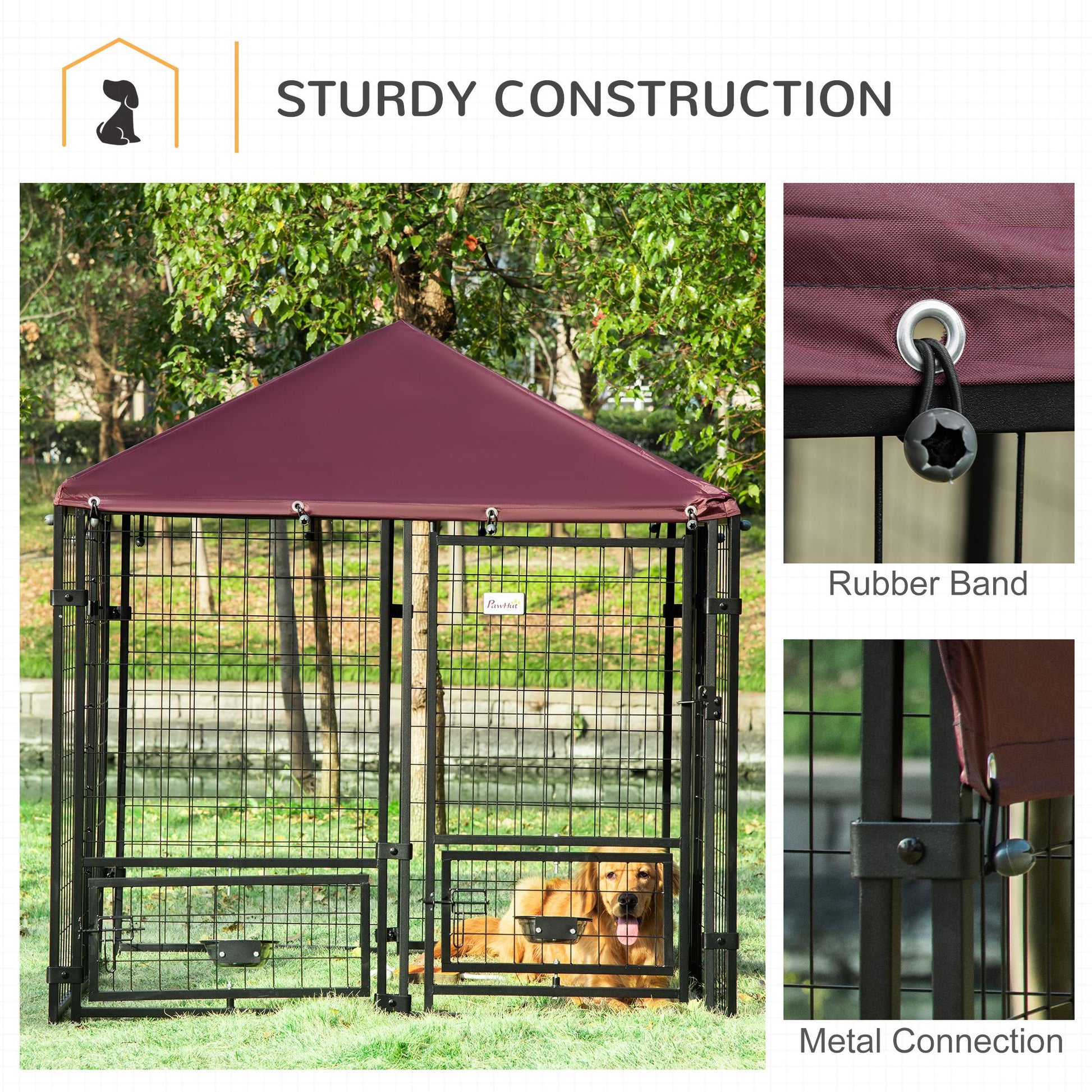HKM-4455357 Spacious Outdoor Dog Kennel with Rotating Bowl Holders and Waterproof Cover, 4.6' x 4.6' x 5', Red
