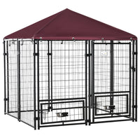 HKM-4455357 Spacious Outdoor Dog Kennel with Rotating Bowl Holders and Waterproof Cover, 4.6' x 4.6' x 5', Red