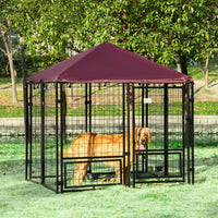 HKM-4455357 Spacious Outdoor Dog Kennel with Rotating Bowl Holders and Waterproof Cover, 4.6' x 4.6' x 5', Red