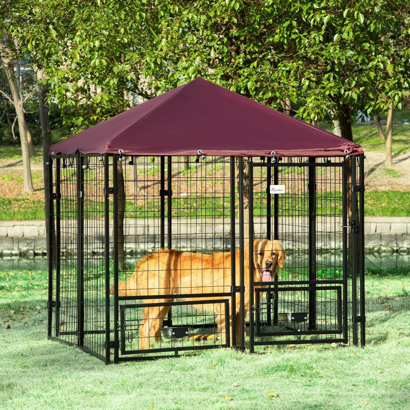 HKM-4455357 Spacious Outdoor Dog Kennel with Rotating Bowl Holders and Waterproof Cover, 4.6' x 4.6' x 5', Red