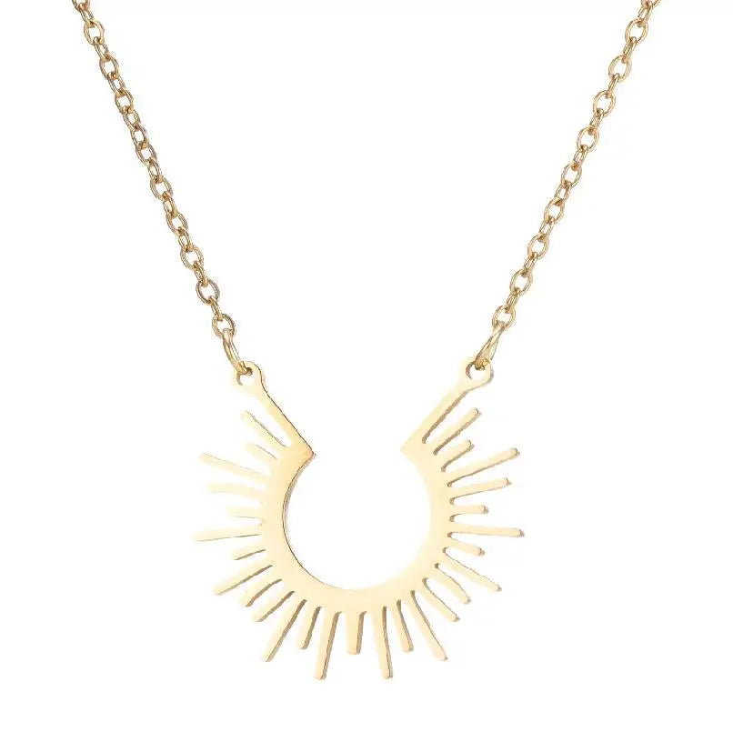 HKM-445587 Stainless Steel Gold Sunburst Pendant Necklace Sun Sunshine Minimalist Women Jewelry Necklace Tarnish Free
