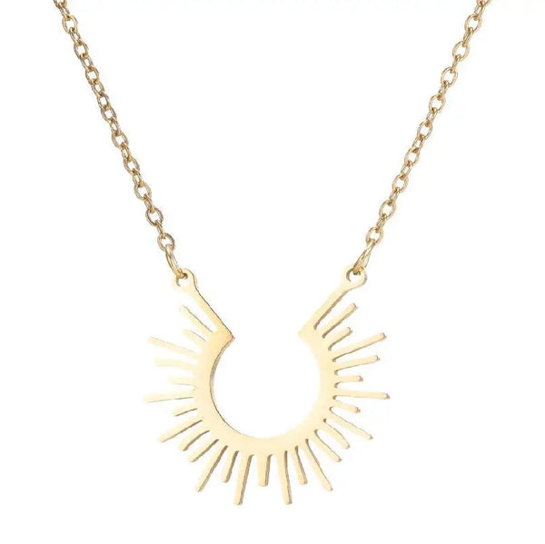 HKM-445587 Stainless Steel Gold Sunburst Pendant Necklace Sun Sunshine Minimalist Women Jewelry Necklace Tarnish Free