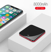 HKM-445587 Ultra-Thin Mirror Mini Power Bank with LCD Display – 8000mAh Capacity in Mysterious Black, Chinese Red, and Rose Gold