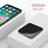 HKM-445587 Ultra-Thin Mirror Mini Power Bank with LCD Display – 8000mAh Capacity in Mysterious Black, Chinese Red, and Rose Gold