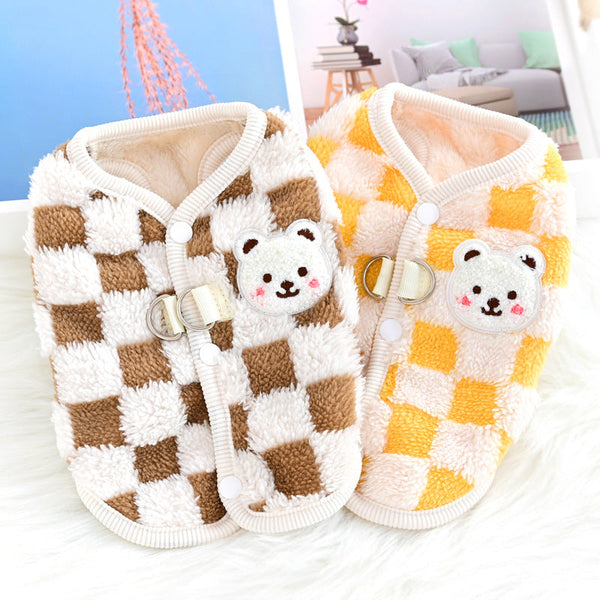 HKM-4457277 Velvet Thermal Pet Vest for Autumn and Winter - XD Checkerboard Bear Design in Blue, Yellow, or Brown Sizes S-XXL