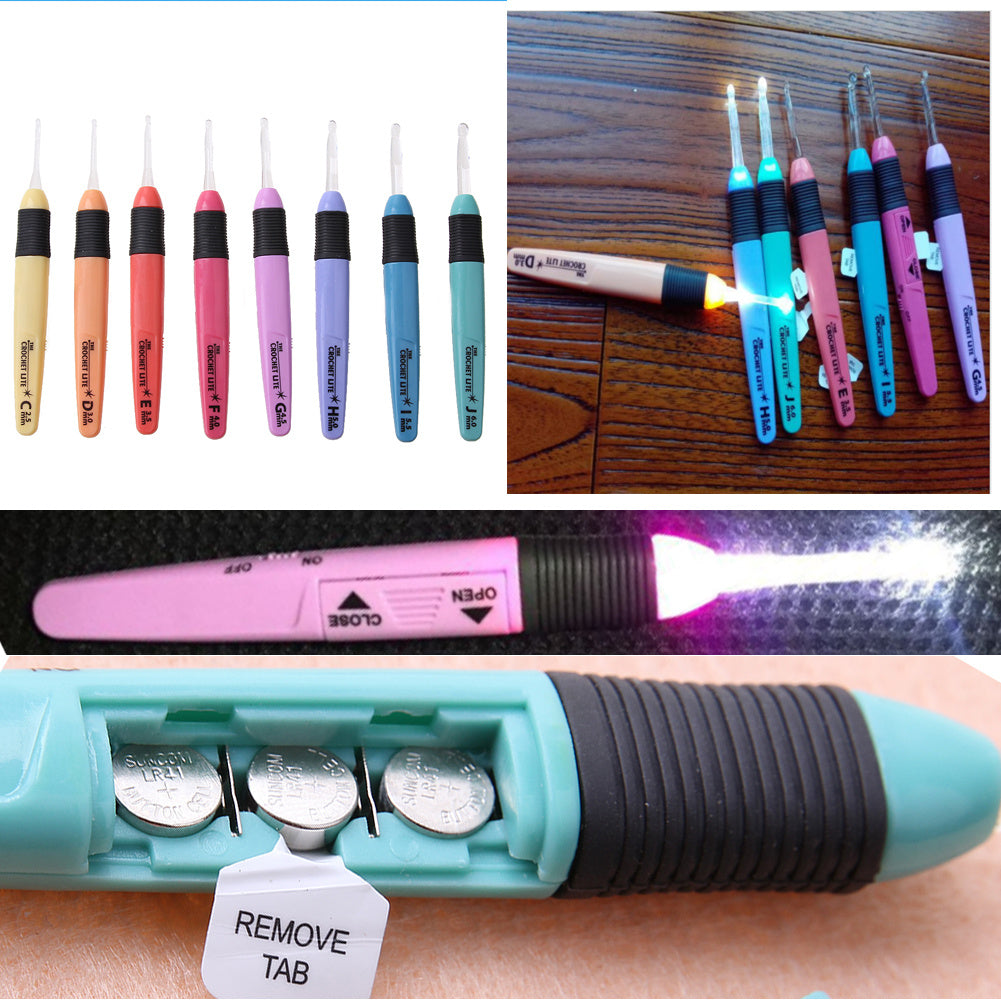 HKM-446035 LED Crochet Hooks Set - 8pcs Multicolor Knitting Needles with Clear Size Markings and Ergonomic Handles