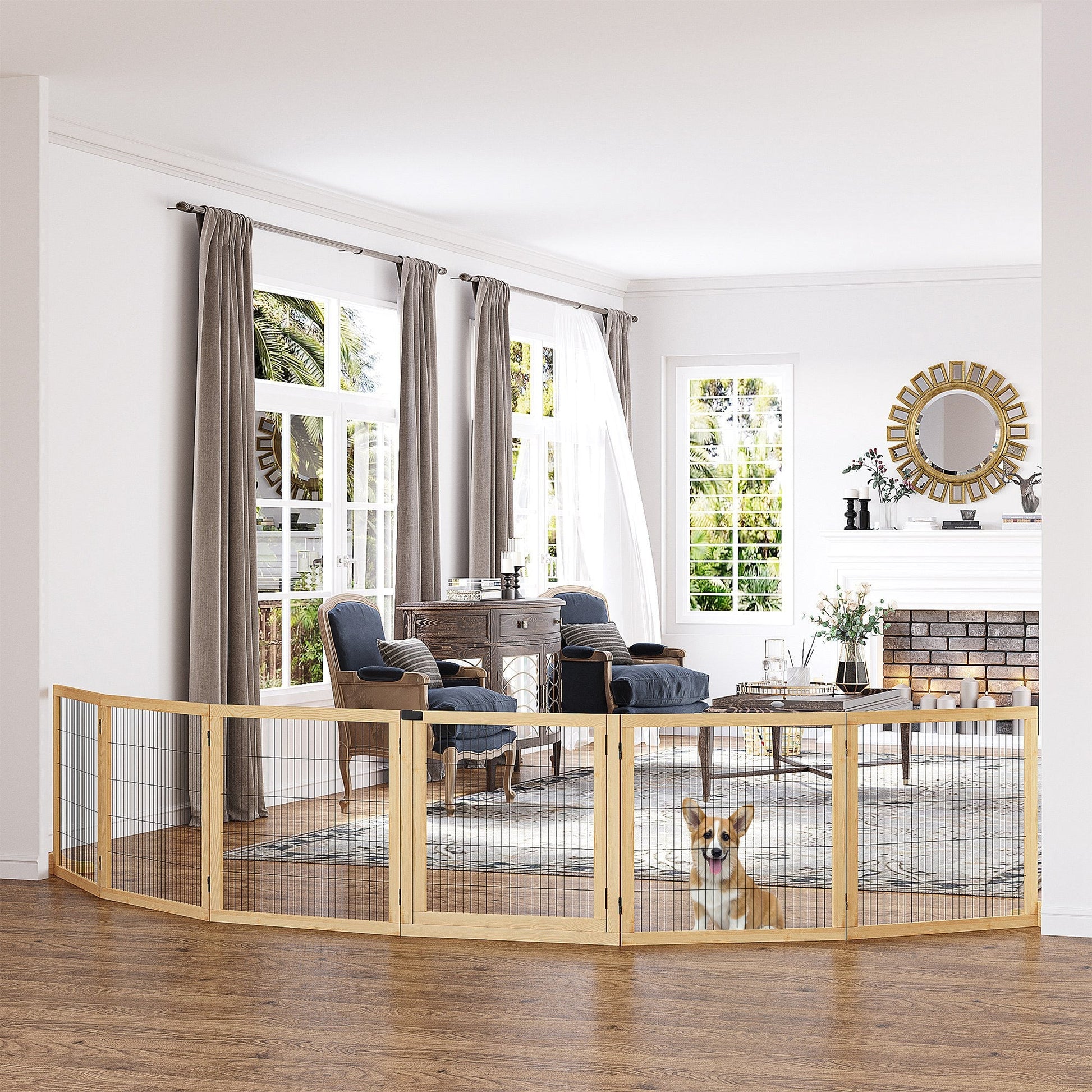 HKM-4462909 Freestanding Retractable Dog Gate with 6 Panels for Doorways and Hallways
