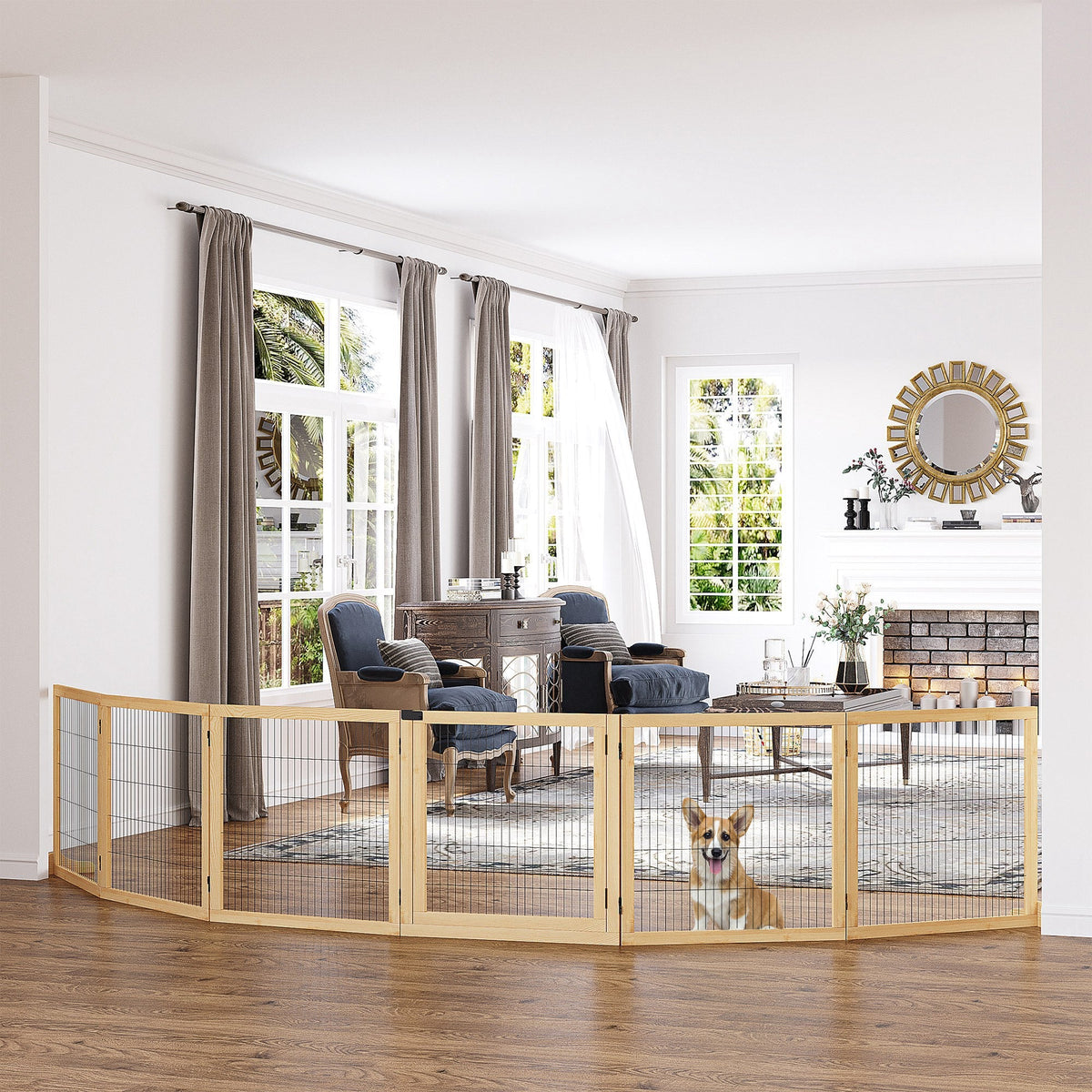 HKM-4462909 Freestanding Retractable Dog Gate with 6 Panels for Doorways and Hallways