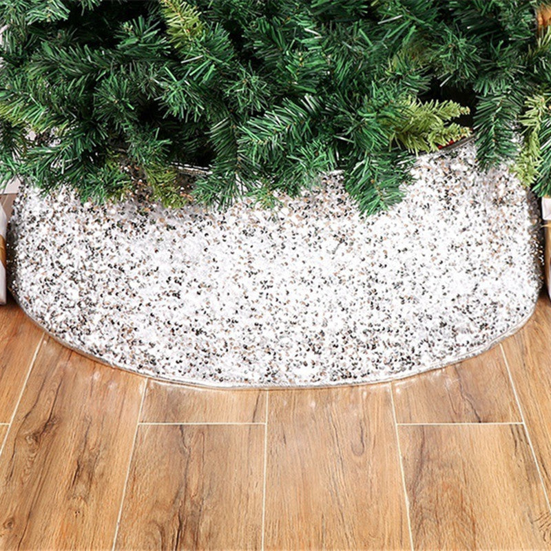 HKM-446483 Silver White Sequin Tree Skirt with Bead Cloth and Non-Woven Fabric - 61cm Upper Diameter, 77cm Lower Diameter, 26cm Height