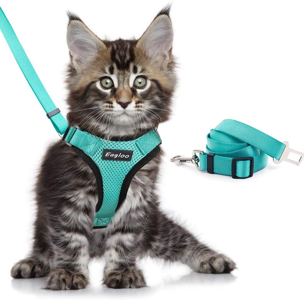 HKM-4466493 Adjustable Escape Proof Cat Vest Harness with Soft Mesh and Car Seat Belt Adapter