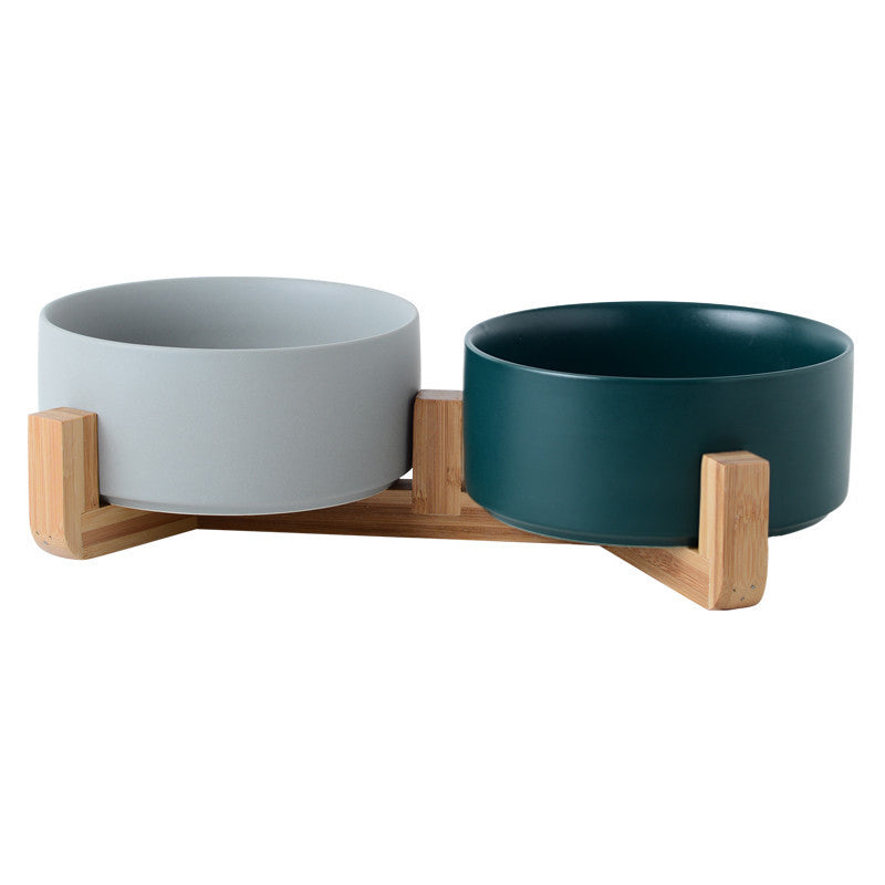HKM-4467389 Dual Ceramic Cat Bowl Set - Pottery Pet Feeding & Drinking Bowls in Various Colors