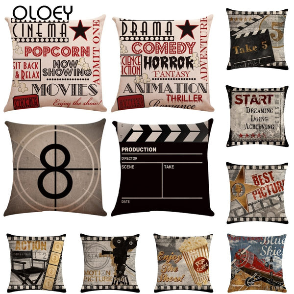 HKM-446739 Retro Movie Subtitles Linen Pillowcase for Sofa and Office Decor