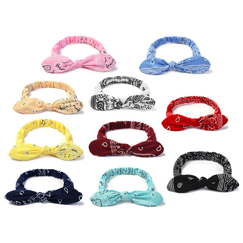 HKM-446931 Korean Style Bunny Ears Knotted Elastic Headband for Women - Floral Design