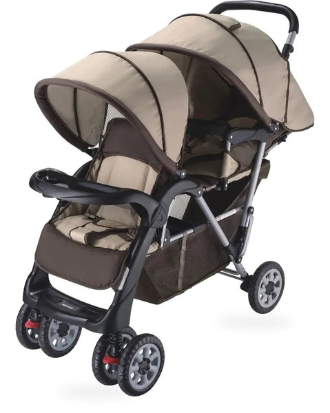 HKM-4470099 Tandem Twin Stroller with Two Full Seats Dual Canopies Front Tray Five-Point Harnesses and a Roomy Storage Basket