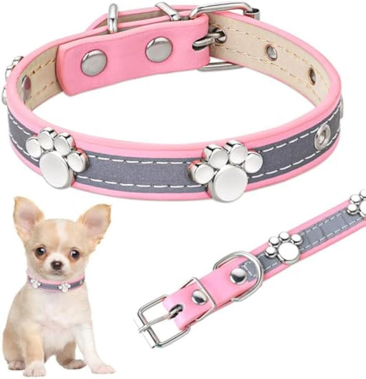 HKM-447699 Reflective Adjustable PU Leather Dog Collar with Paw Rivet for Small to Large Dogs and Cats
