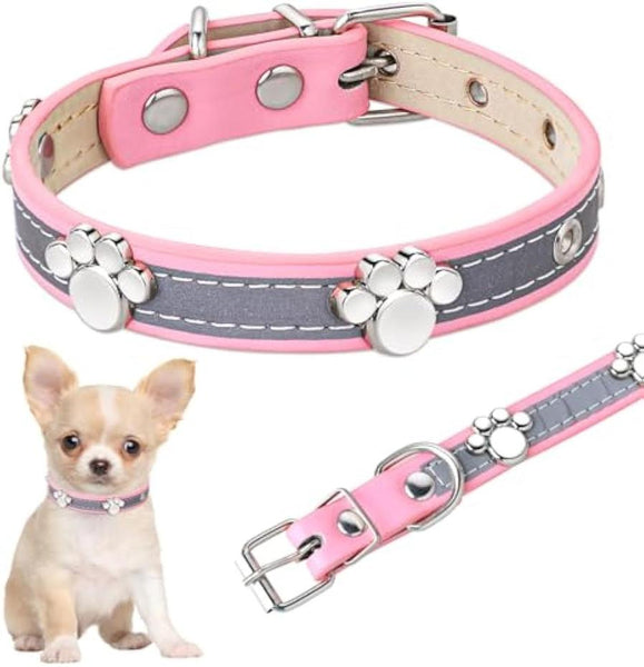 HKM-447699 Reflective Adjustable PU Leather Dog Collar with Paw Rivet for Small to Large Dogs and Cats