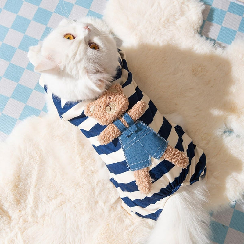 HKM-4477501 Cute Striped Bear Dog Pajamas for Autumn and Winter - Soft, Comfortable Four-Legged Pet Outfit