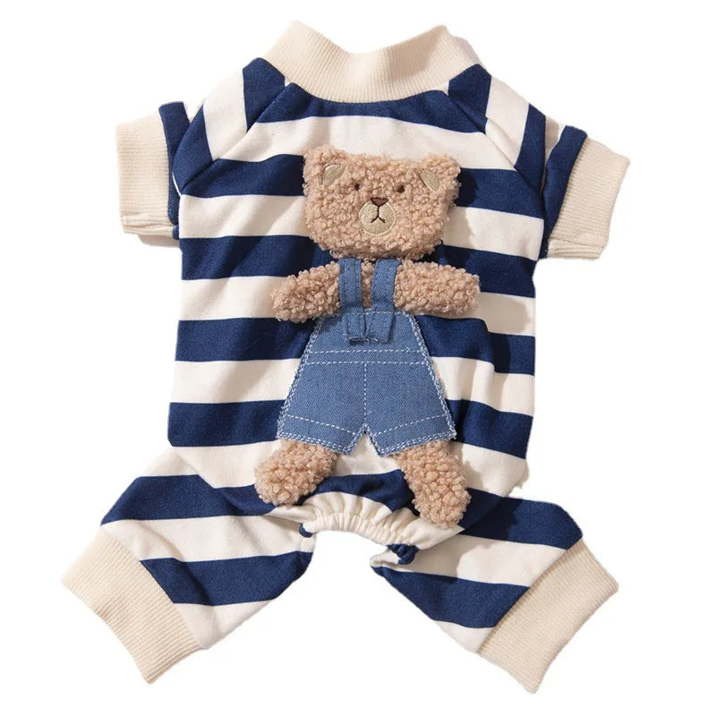 HKM-4477501 Cute Striped Bear Dog Pajamas for Autumn and Winter - Soft, Comfortable Four-Legged Pet Outfit