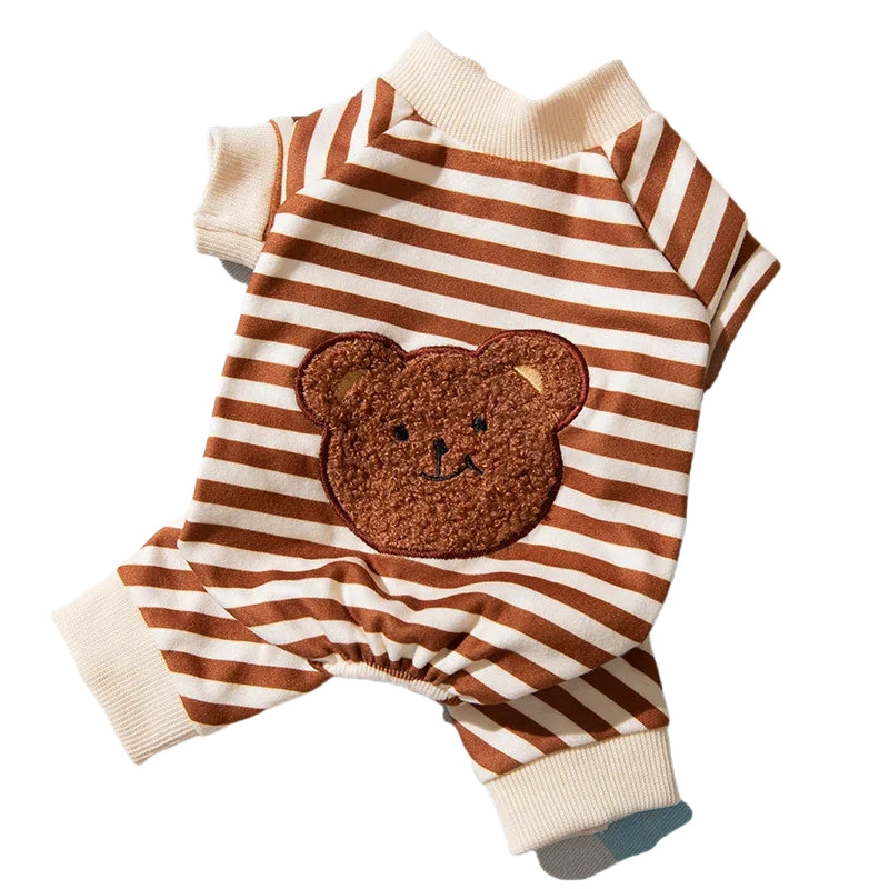 HKM-4477501 Cute Striped Bear Dog Pajamas for Autumn and Winter - Soft, Comfortable Four-Legged Pet Outfit