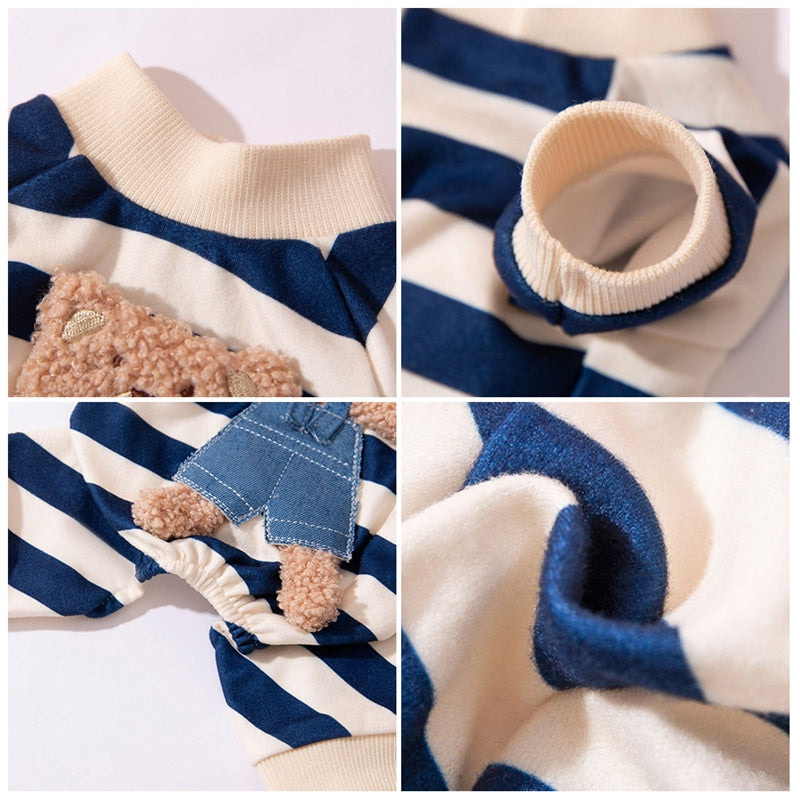 HKM-4477501 Cute Striped Bear Dog Pajamas for Autumn and Winter - Soft, Comfortable Four-Legged Pet Outfit
