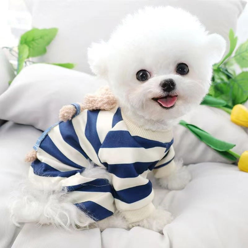 HKM-4477501 Cute Striped Bear Dog Pajamas for Autumn and Winter - Soft, Comfortable Four-Legged Pet Outfit