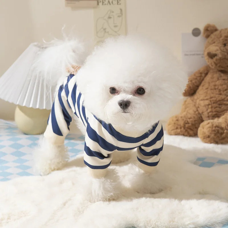 HKM-4477501 Cute Striped Bear Dog Pajamas for Autumn and Winter - Soft, Comfortable Four-Legged Pet Outfit