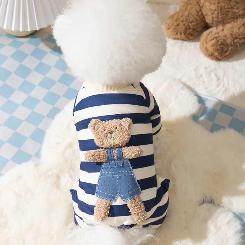 HKM-4477501 Cute Striped Bear Dog Pajamas for Autumn and Winter - Soft, Comfortable Four-Legged Pet Outfit