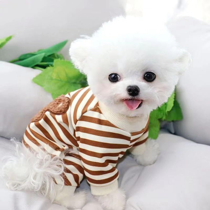 HKM-4477501 Cute Striped Bear Dog Pajamas for Autumn and Winter - Soft, Comfortable Four-Legged Pet Outfit