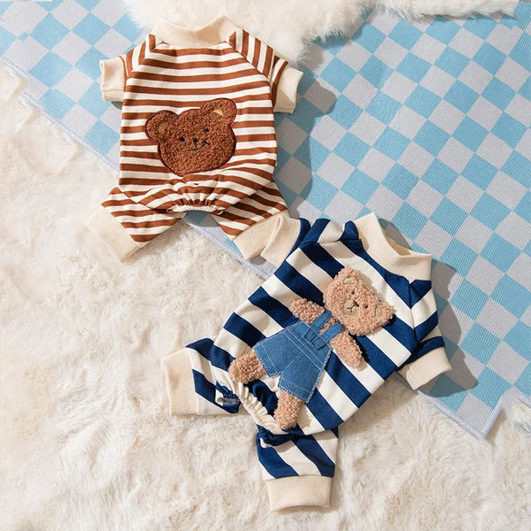 HKM-4477501 Cute Striped Bear Dog Pajamas for Autumn and Winter - Soft, Comfortable Four-Legged Pet Outfit