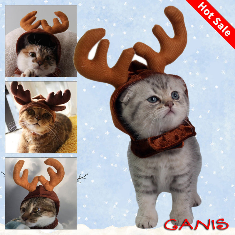 HKM-4483517 Christmas Reindeer Hat for Pets - Adjustable Velcro Design, Soft Polyester Fabric, Comfortable Fit for Small Dogs and Cats