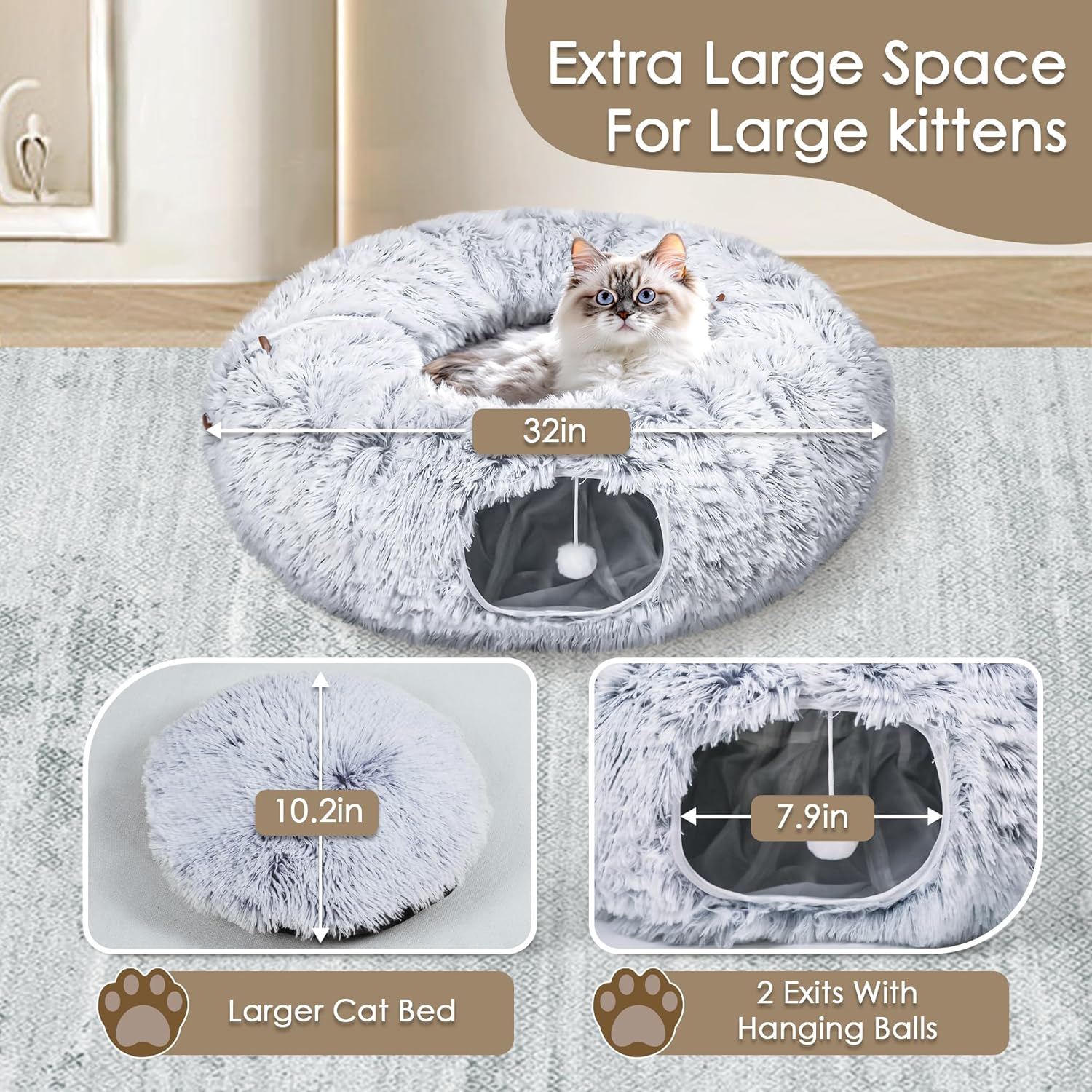 HKM-4483773 Cozy Cat Tunnel Bed with Washable Soft Play Mat and Interactive Toy for Indoor Pets