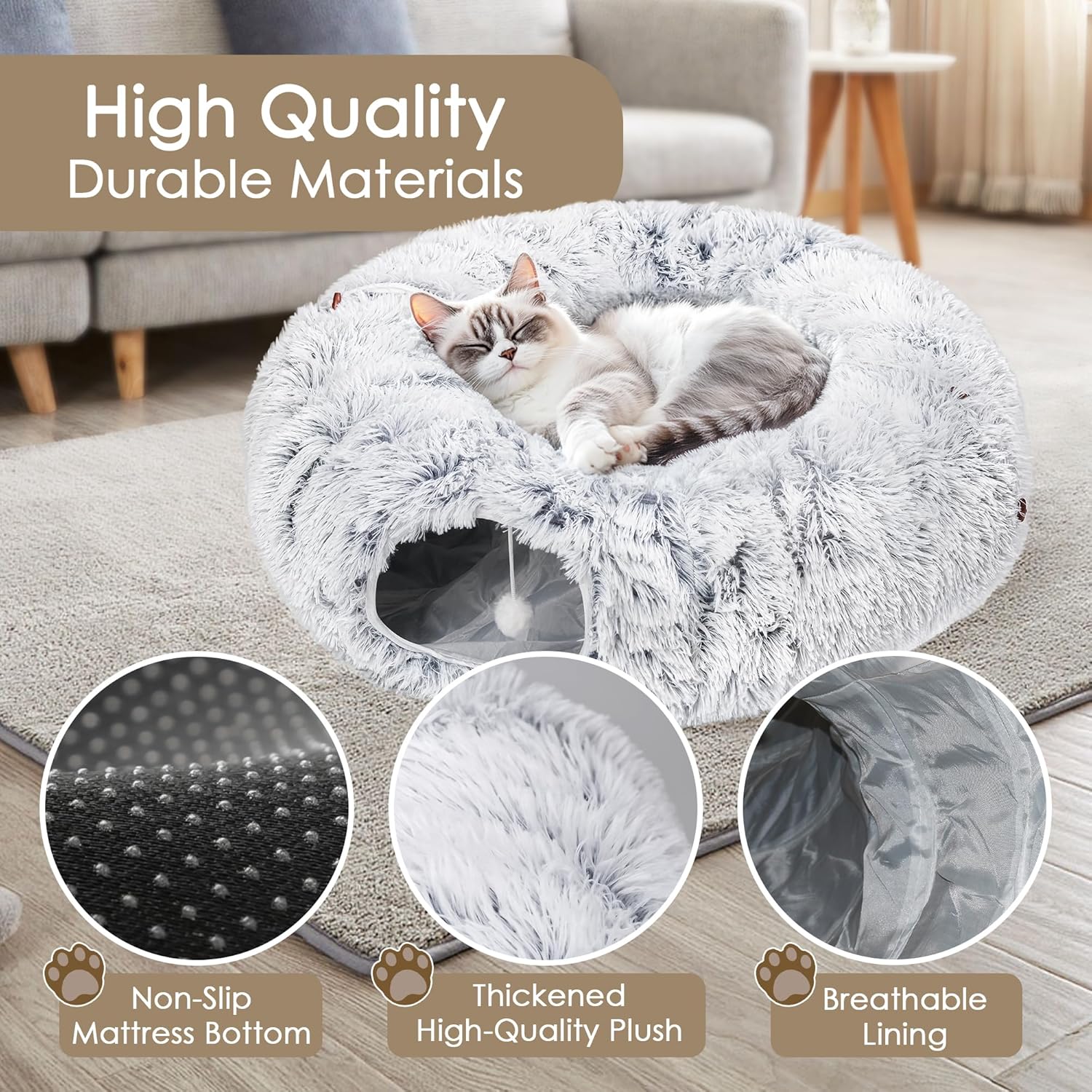 HKM-4483773 Cozy Cat Tunnel Bed with Washable Soft Play Mat and Interactive Toy for Indoor Pets