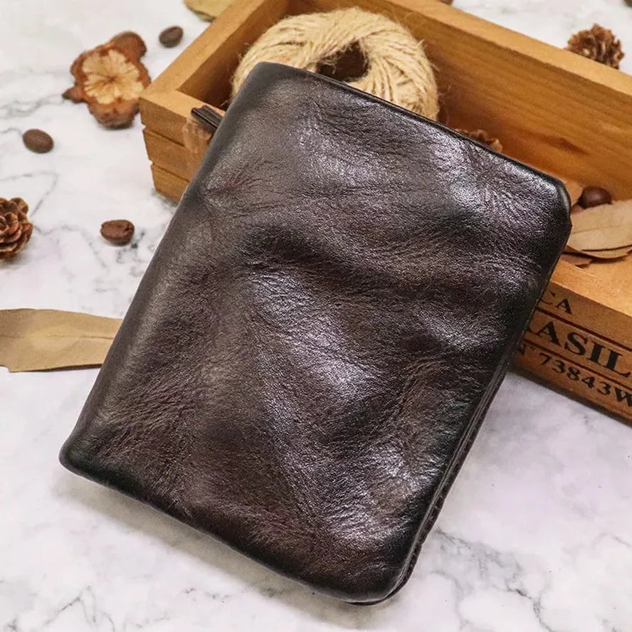 HKM-448403 Vintage Vegetable Tanned Leather Multi-Card Zipper Wallet for Men