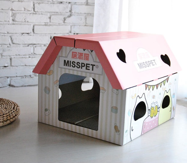 HKM-4484669 Izakaya Coffee House Cat Scratch Board and Toy - Corrugated Cat House with Sharpener, 45cm x 40cm x 35cm