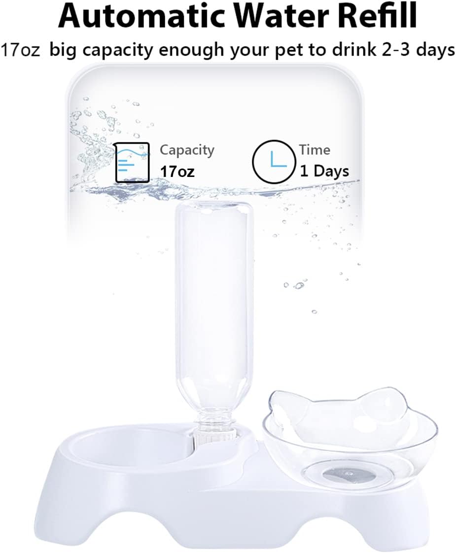 HKM-4485949 Automatic 15° Tilted Pet Food and Water Bowl Set with Water Bottle for Small to Medium Dogs and Cats