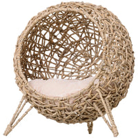 HKM-4486077 Hand-Woven Elevated Cat Bed with Soft Cushion, Natural Rattan Design for Cats Under 11 Pounds
