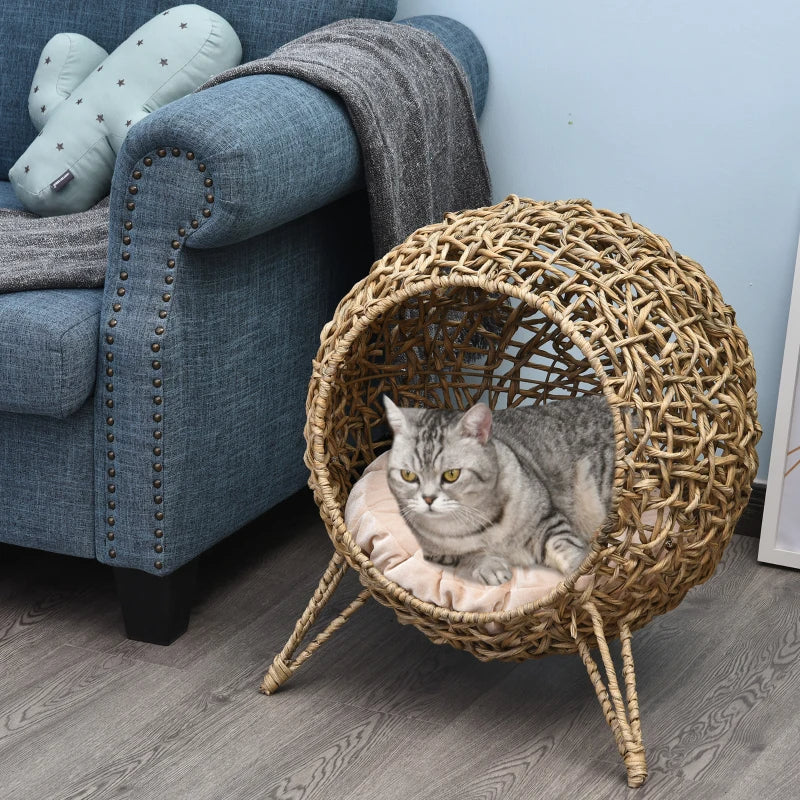HKM-4486077 Hand-Woven Elevated Cat Bed with Soft Cushion, Natural Rattan Design for Cats Under 11 Pounds