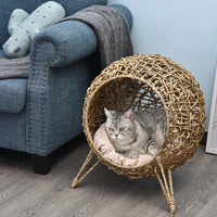 HKM-4486077 Hand-Woven Elevated Cat Bed with Soft Cushion, Natural Rattan Design for Cats Under 11 Pounds
